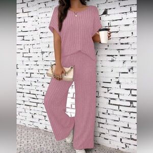 Women's Pink Ribbed Pants & Top Set